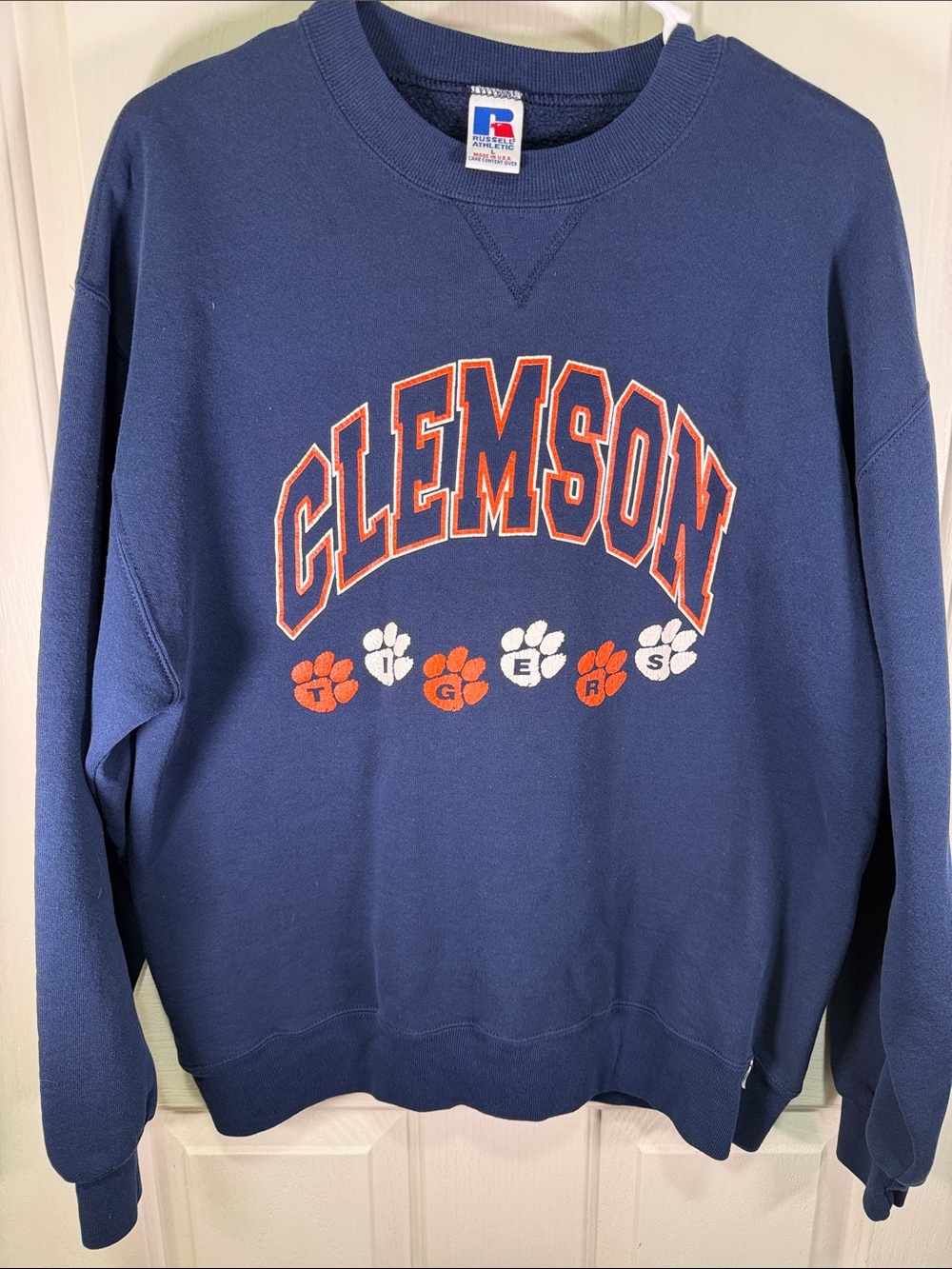 Russell Athletic navy crewneck with orange and white Clemson graphics